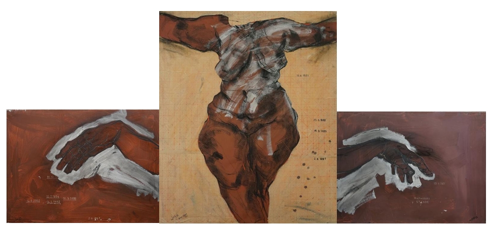 Das Bild zeigt das Kunstwerk Crucification der Ägyptischen Künstlerin Weaam El-Masry